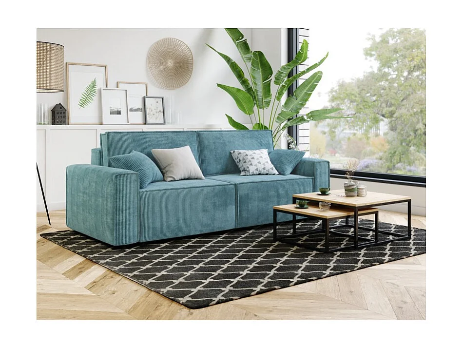 Canapé droit MIRA convertible velours côtelé bleu 3places