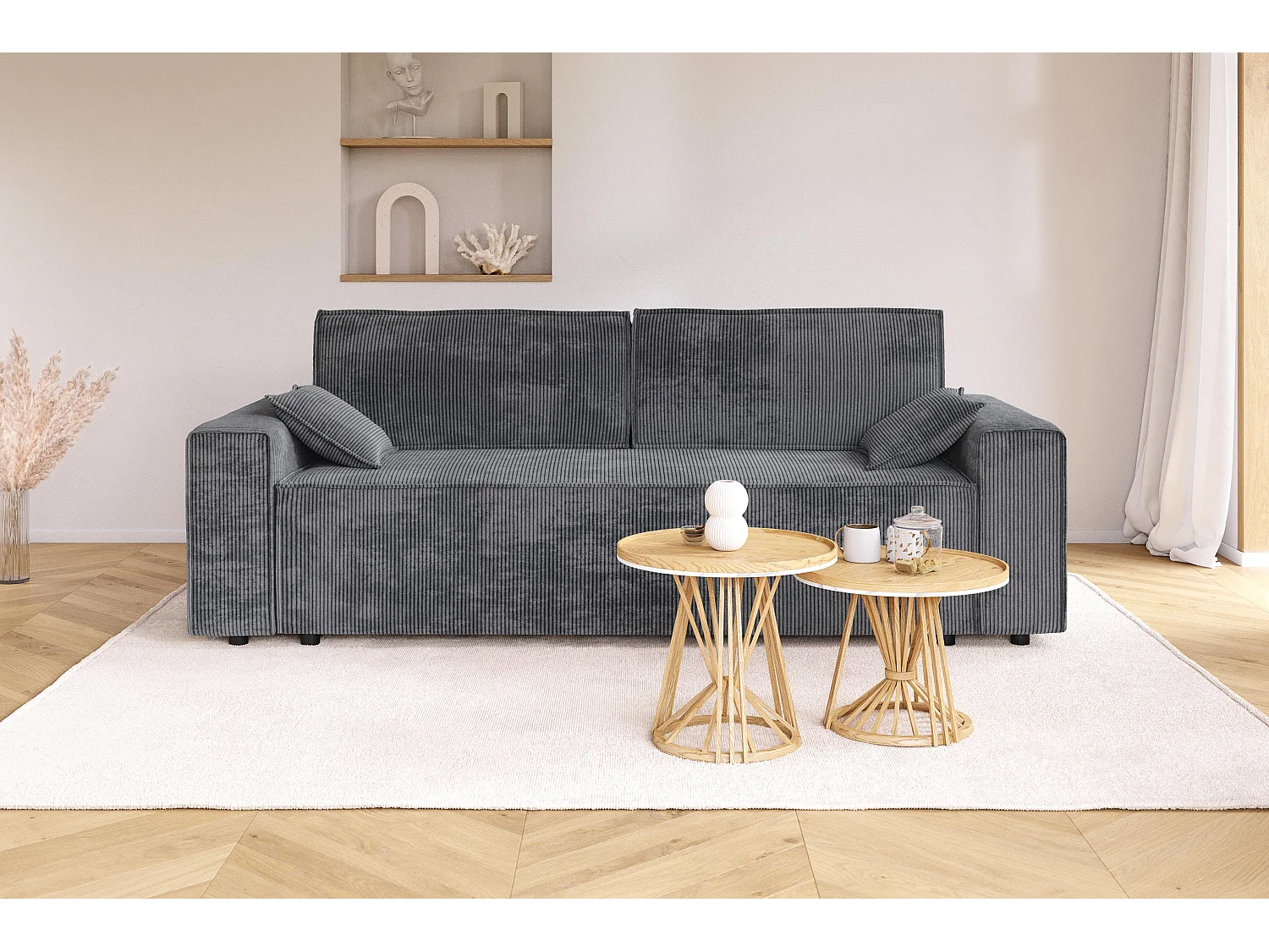 Canapé droit MARIUS convertible  velours côtelé gris souris