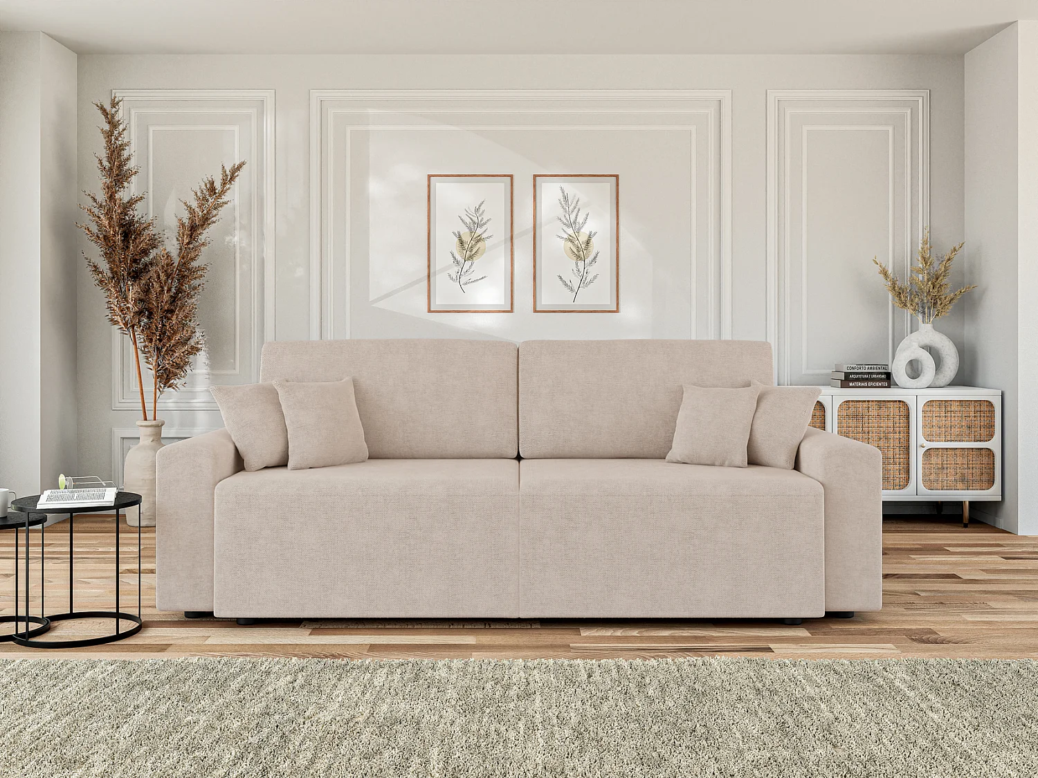 Canapé droit MILO convertible tissu beige 3 places