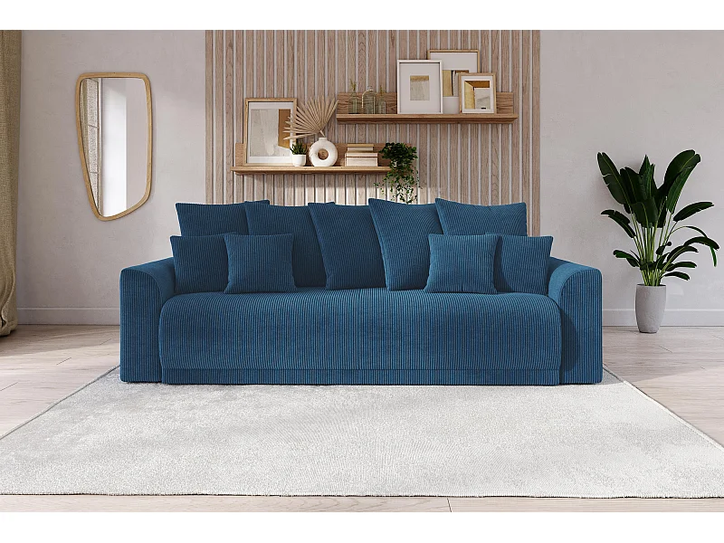 Canapé droit NOVA convertible  velours cotêlé bleu cobalt 3 places