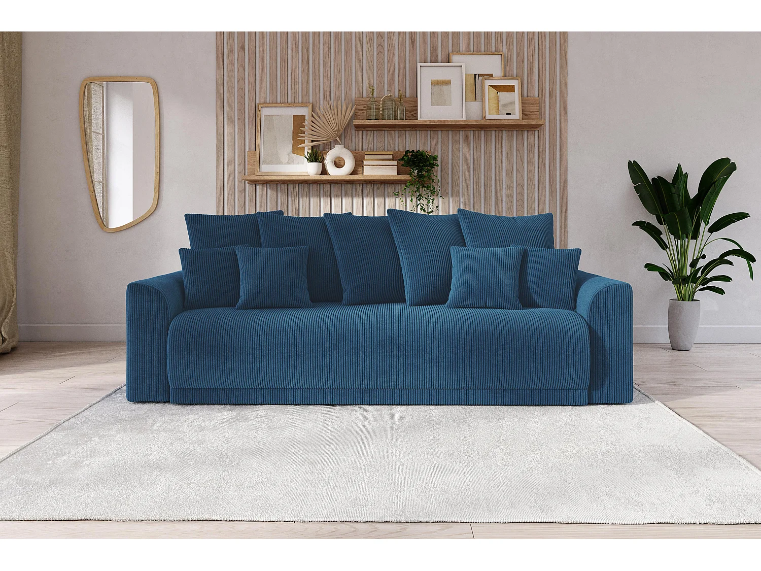 Canapé droit NOVA convertible  velours cotêlé bleu cobalt 3 places