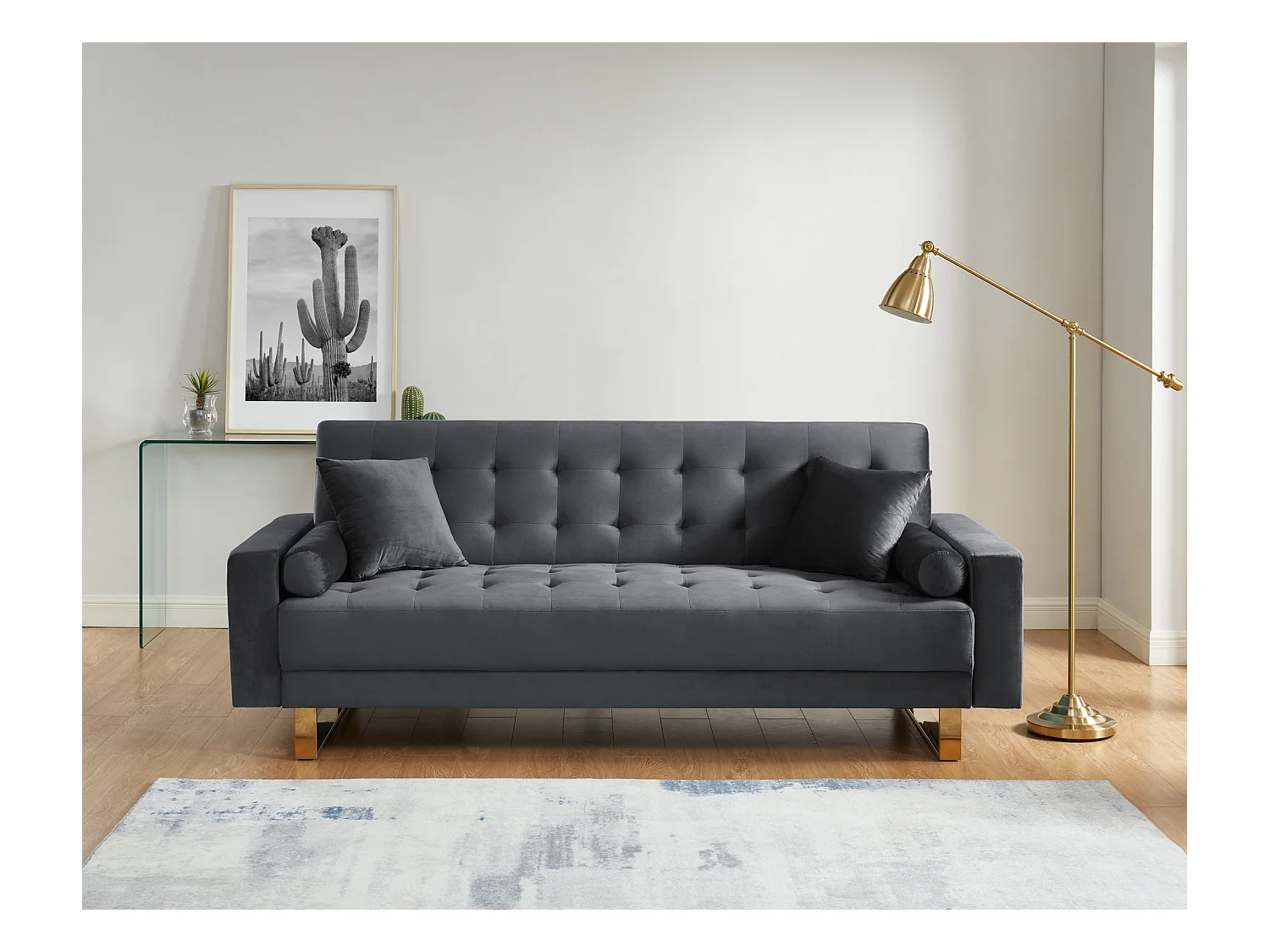 Canapé droit AUGUSTE droit convertible 3 places velours gris anthracite