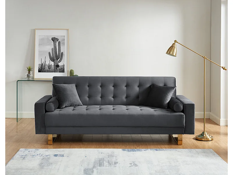 Canapé droit AUGUSTE droit convertible 3 places velours gris anthracite