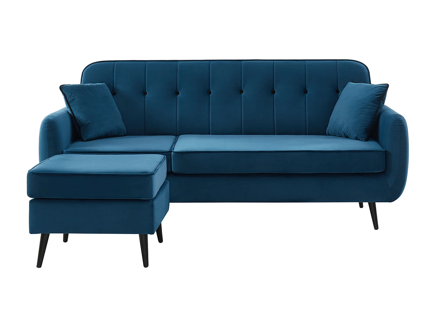 Canapé d'angle SWEETY en velours bleu 4 places avec pieds en métal noir et 2 coussins inclus