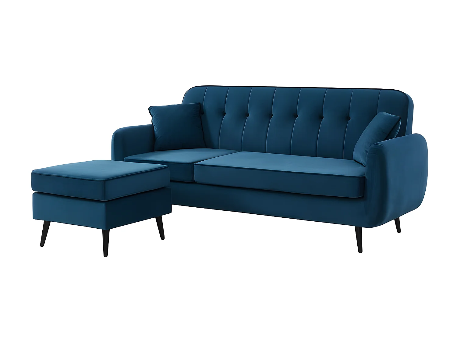 Canapé d'angle SWEETY en velours bleu 4 places avec pieds en métal noir et 2 coussins inclus