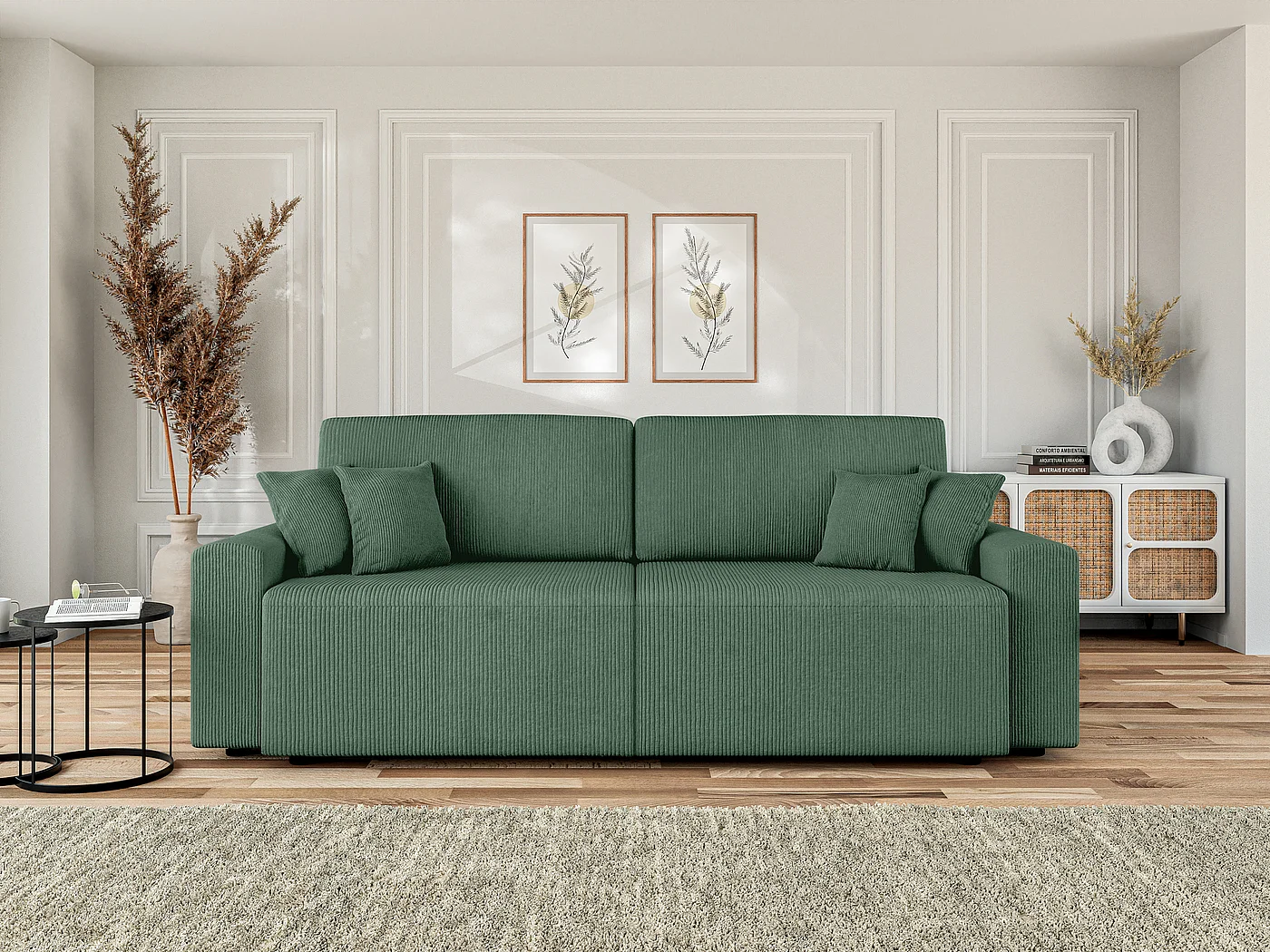 Canapé droit MILO convertible velours côtelé vert 3 places