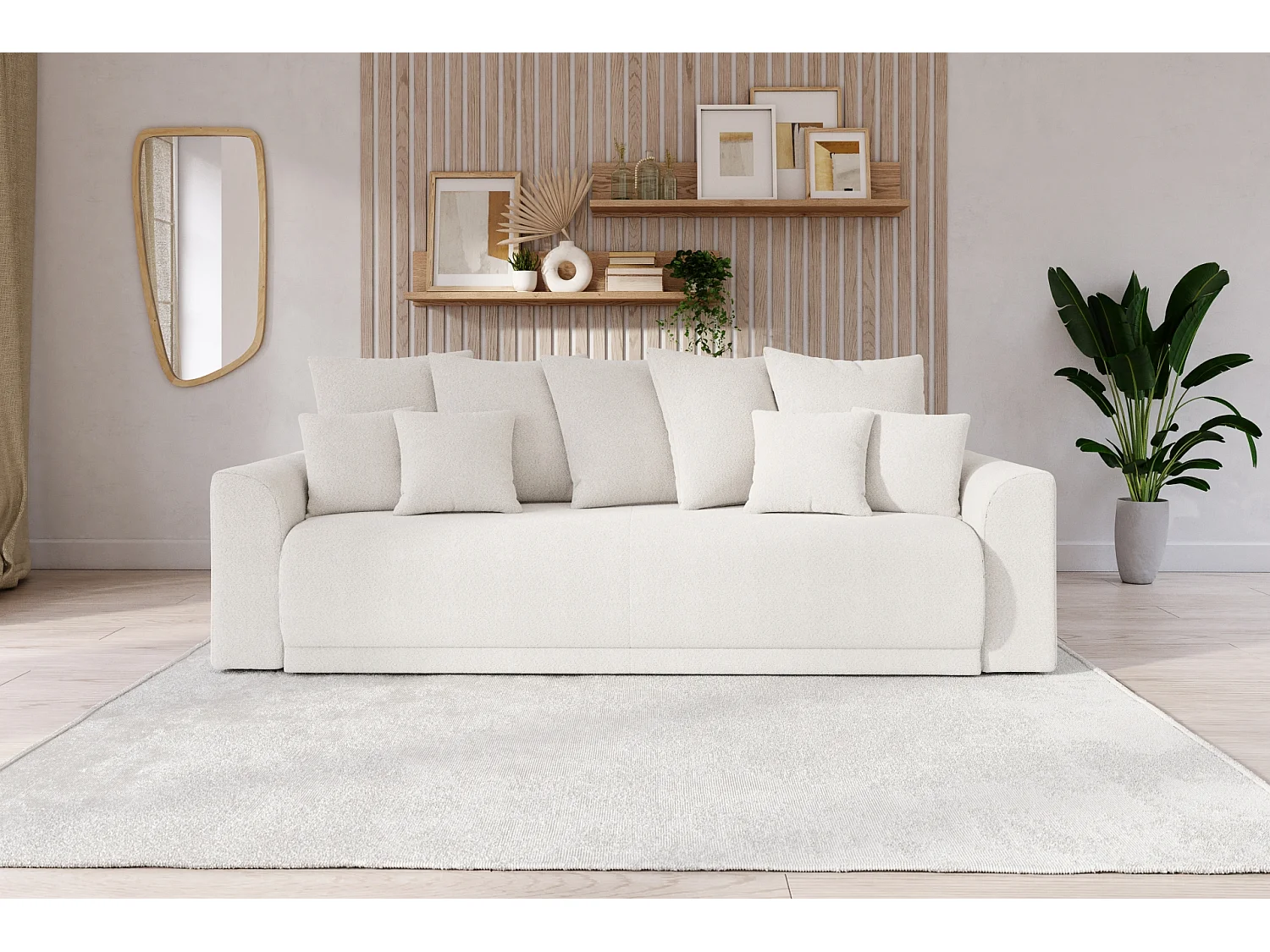 Canapé droit NOVA  convertible tissu bouclette blanc 3 places