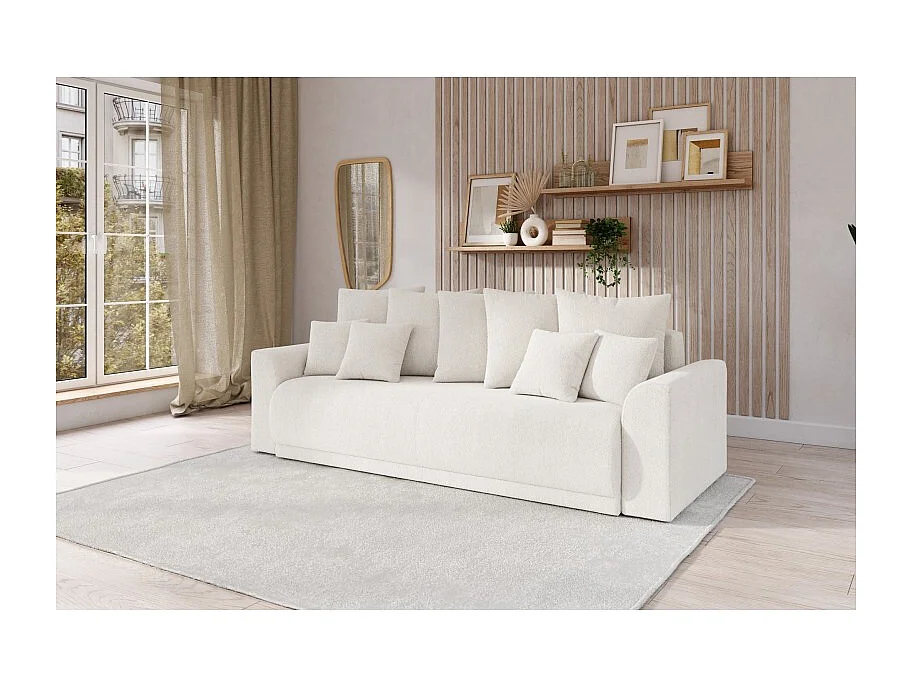 Canapé droit NOVA  convertible tissu bouclette blanc 3 places