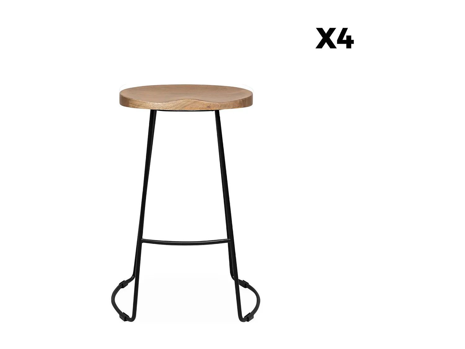 Lot de 4 tabourets de bars bois de manguier naturel et acier. avec repose pieds. 65cm