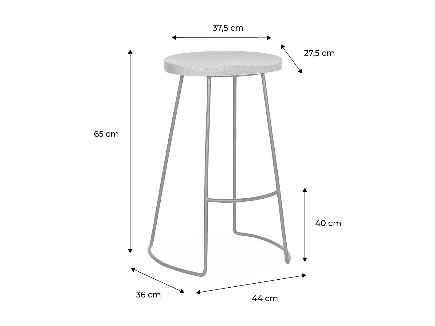 Taburete de bar de madera de mango y acero, 65cm, set de 4 natural