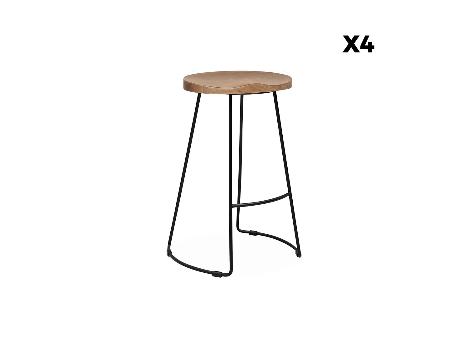 Taburete de bar de madera de mango y acero, 65cm, set de 4, Natural