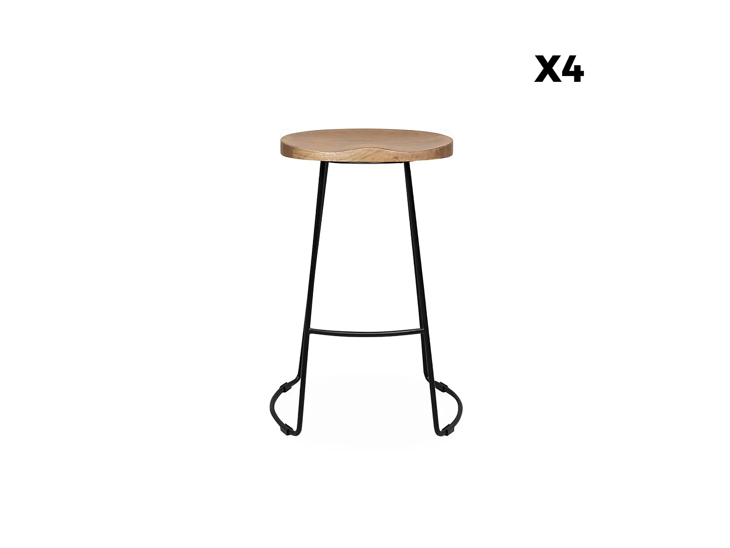 Taburete de bar de madera de mango y acero, 65cm, set de 4, Natural