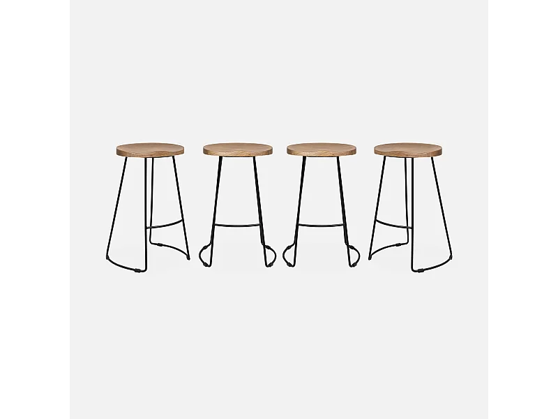 Lot de 4 tabourets de bars bois de manguier naturel et acier. avec repose pieds. 65cm