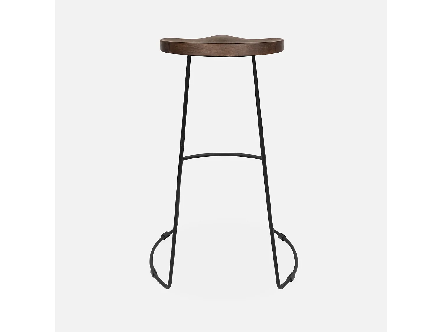 Lot de 4 tabourets de bar bois de manguier teinté noyer et acier. avec repose pieds. 75cm