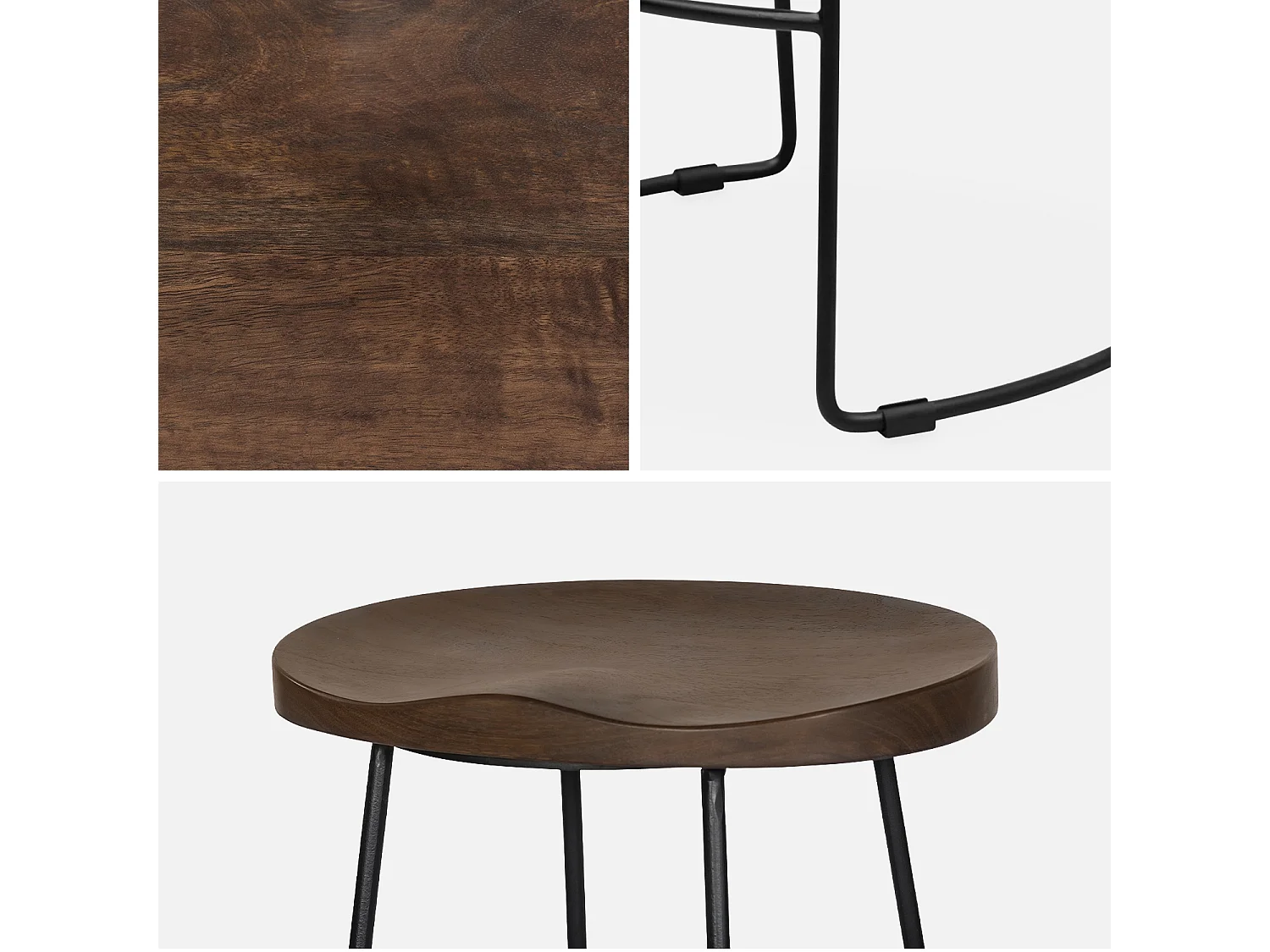 Lot de 4 tabourets de bar bois de manguier teinté noyer et acier. avec repose pieds. 75cm