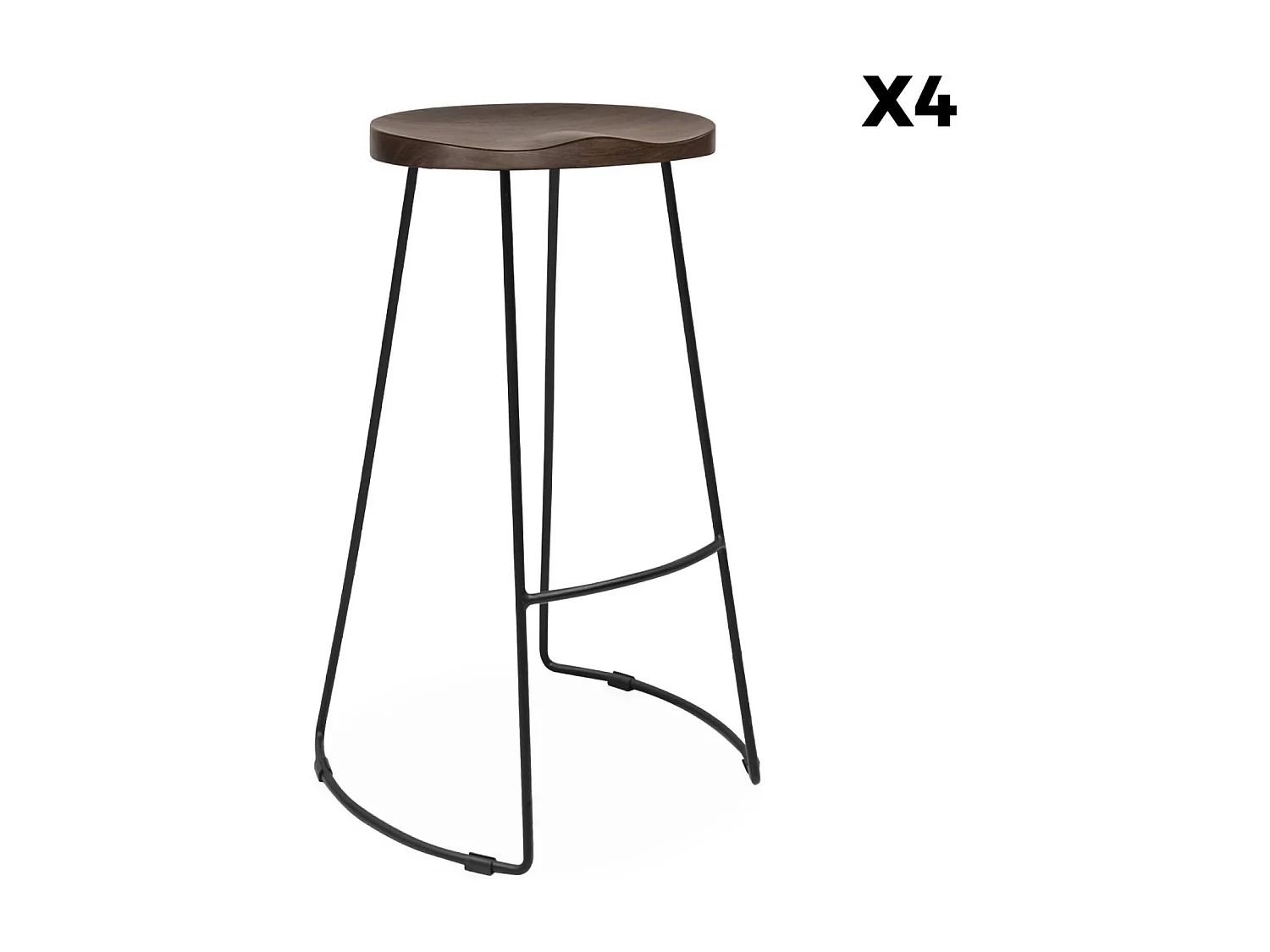 Lot de 4 tabourets de bar bois de manguier teinté noyer et acier. avec repose pieds. 75cm