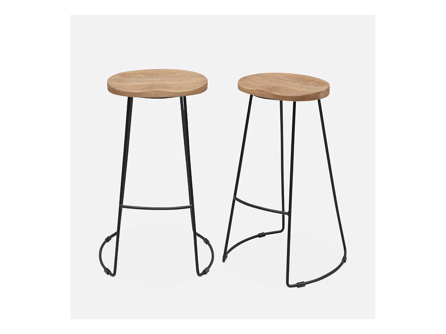 Lot de 2 tabourets de bar bois de manguier naturel et acier. avec repose pieds. 75cm