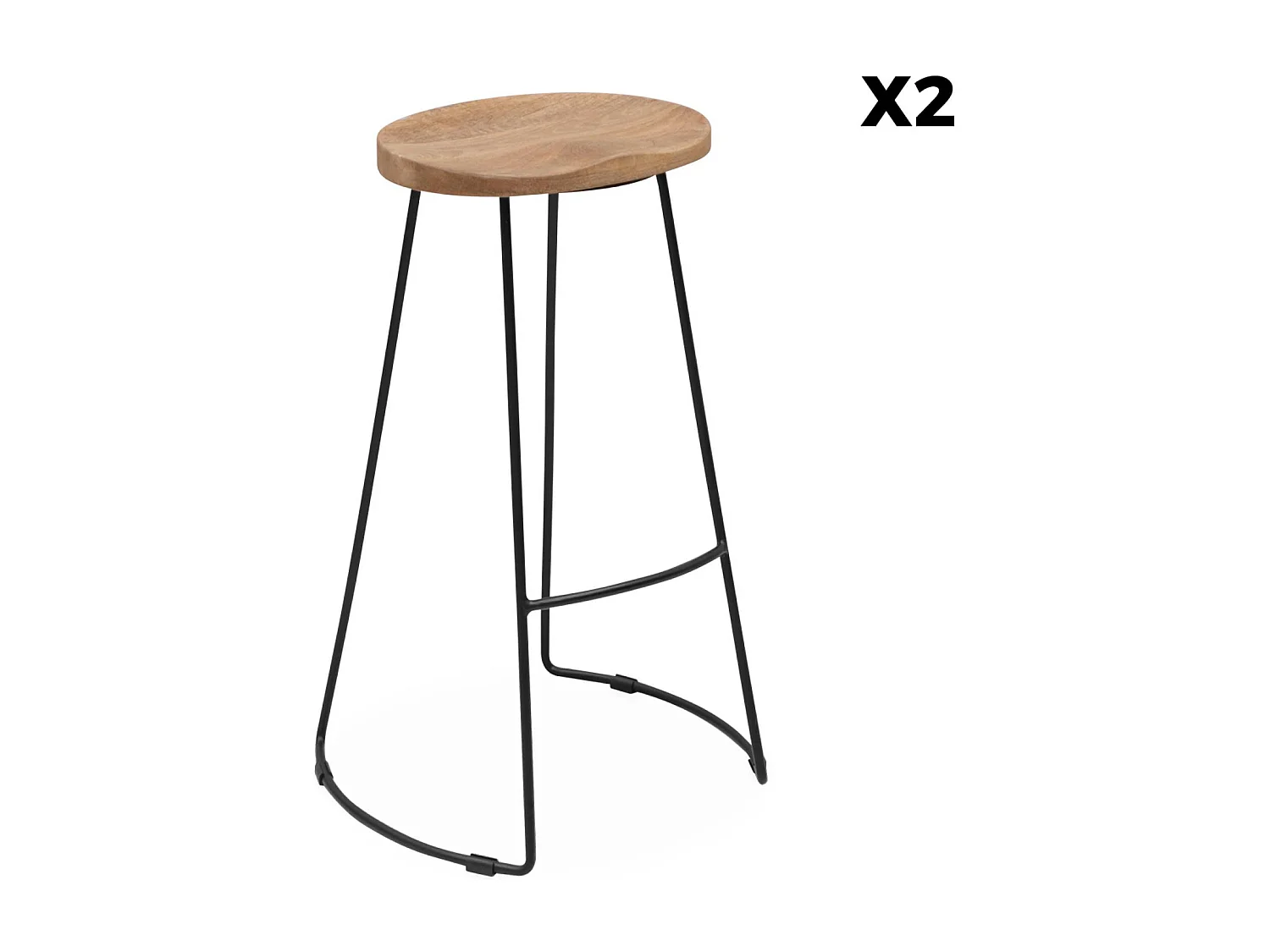 Taburete de bar de madera y acero, set de 2 natural