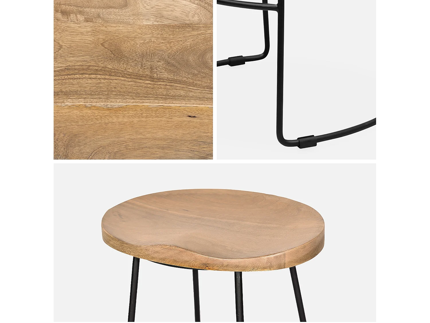 Taburete de bar de madera y acero, set de 2 natural