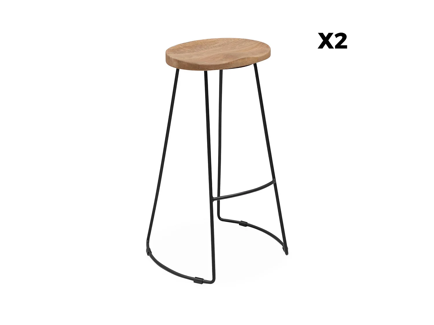 Taburete de bar de madera y acero, set de 2, Natural