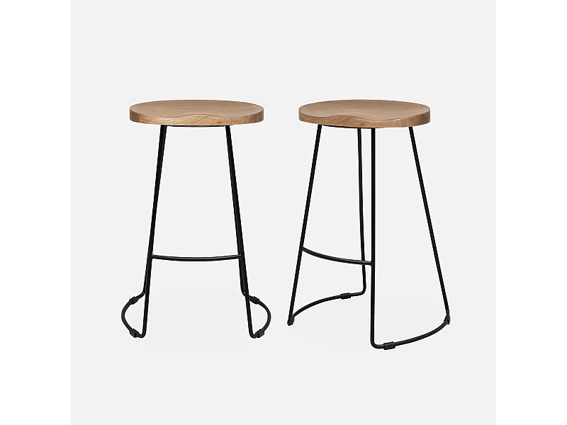 Taburete de bar de madera y acero, set de 2 natural