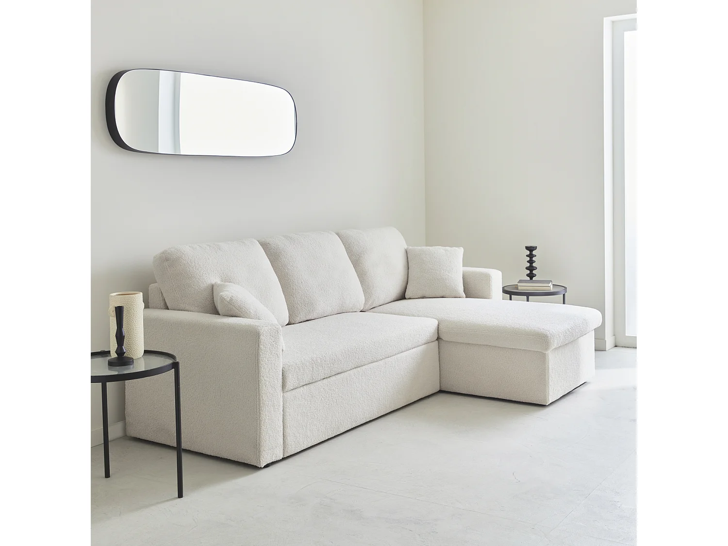 Divano letto angolare e reversibile, 3 posti in tessuto bouclé, crema