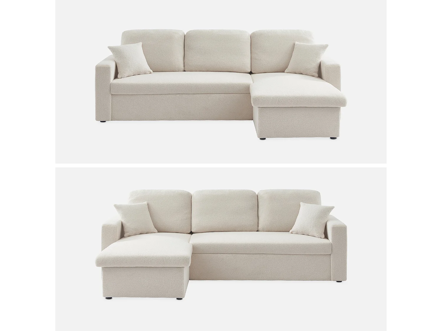 Canapé d'angle convertible en tissu bouclettes crème - IDA - 3 places. fauteuil d'angle réversible coffre rangement lit modulable