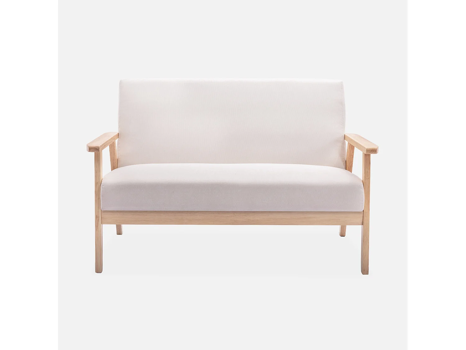 Divano salvaspazio stile scandinavo in legno e tessuto, 2 posti, beige