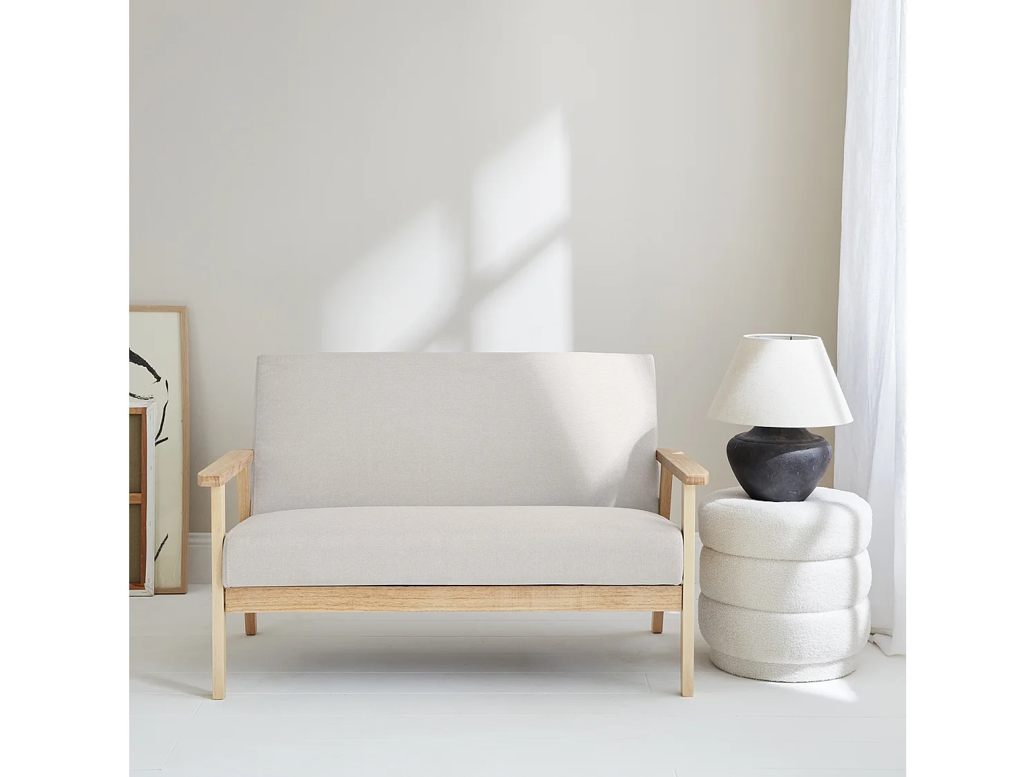 Divano salvaspazio stile scandinavo in legno e tessuto, 2 posti, beige