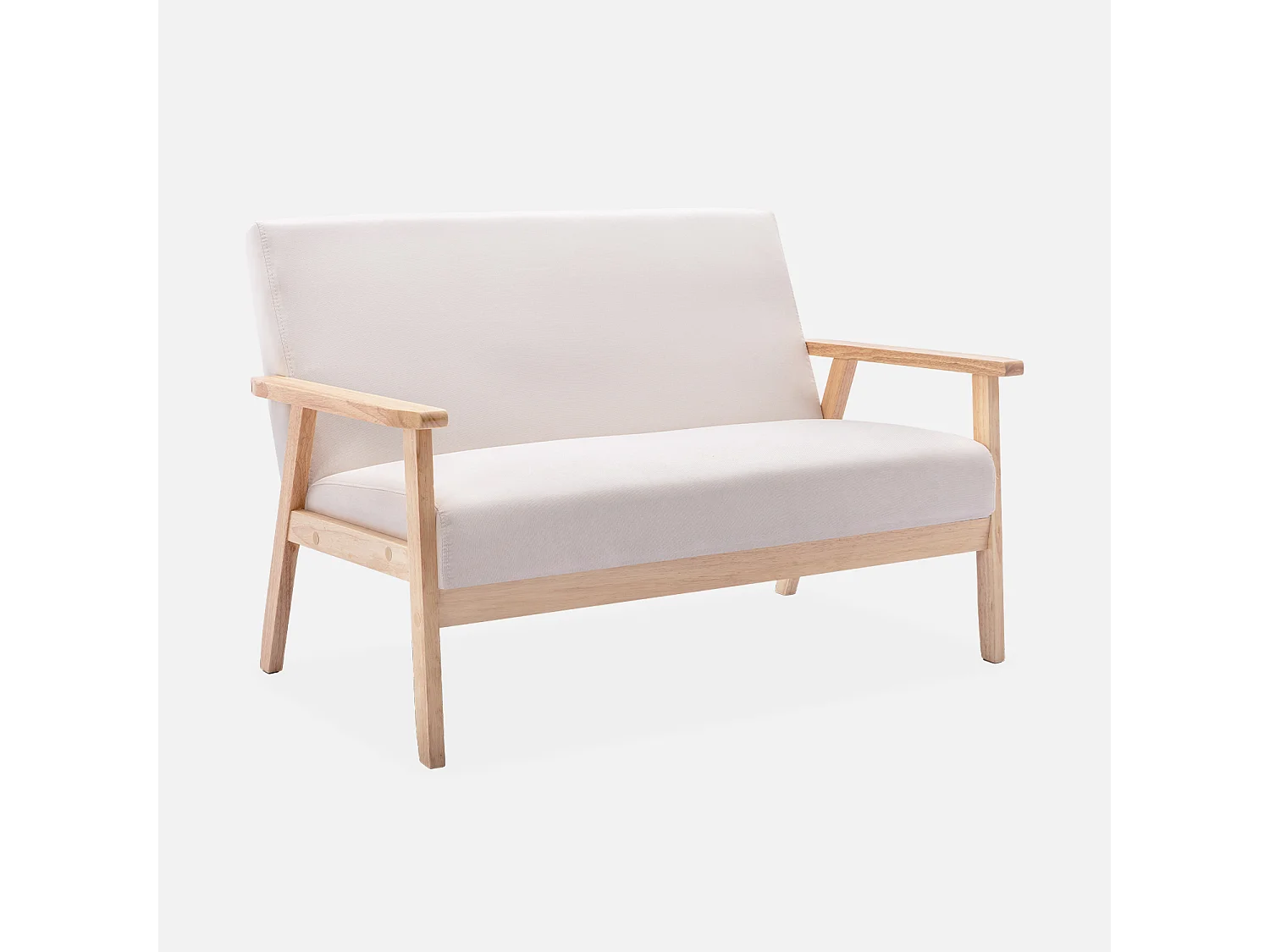 Divano salvaspazio stile scandinavo in legno e tessuto, 2 posti, beige