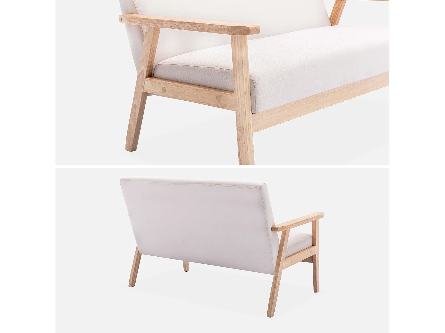 Divano salvaspazio stile scandinavo in legno e tessuto, 2 posti, beige