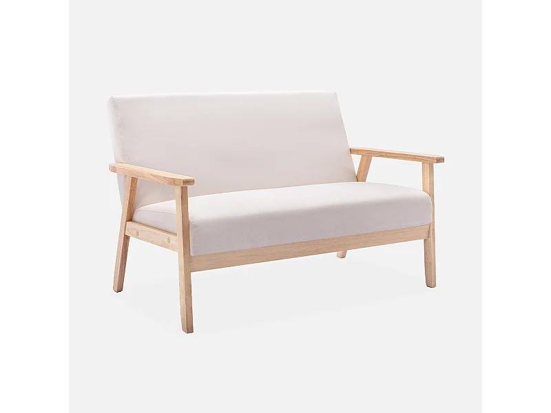 Banquette canapé en bois et tissu crème. Isak. L 114 x P 69.5 x H 73cm