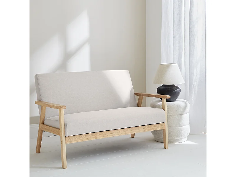 Banquette canapé en bois et tissu crème. Isak. L 114 x P 69.5 x H 73cm