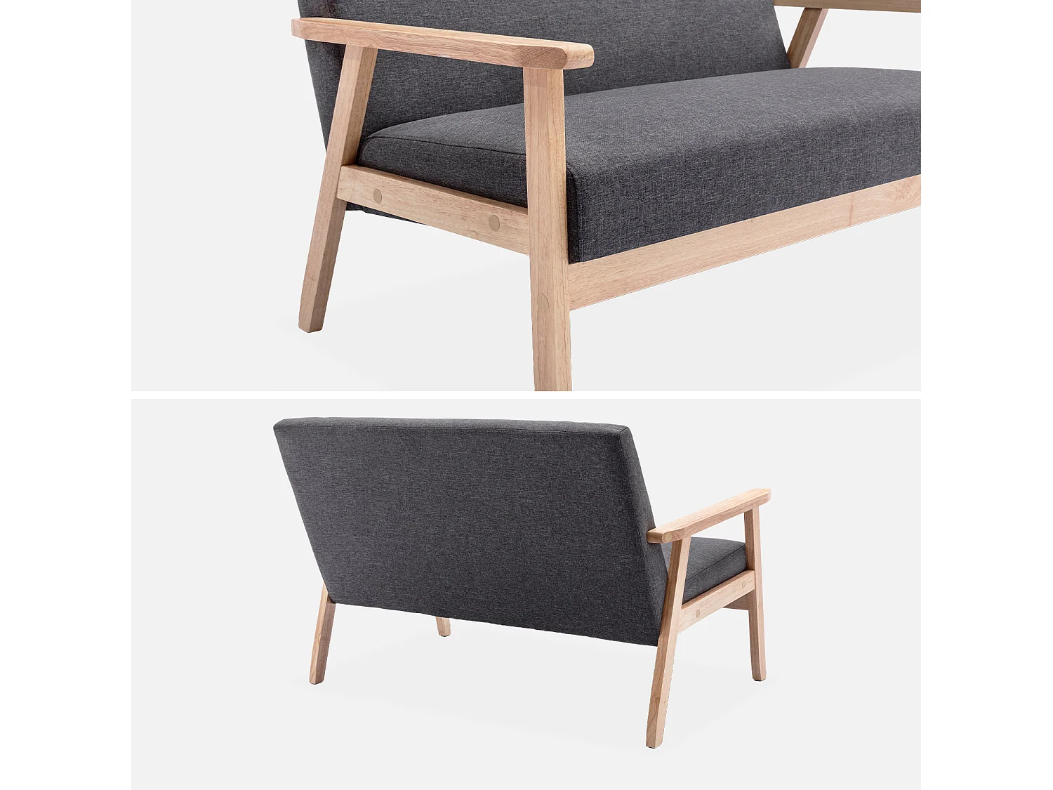 Divano salvaspazio stile scandinavo in legno e tessuto, 2 posti,