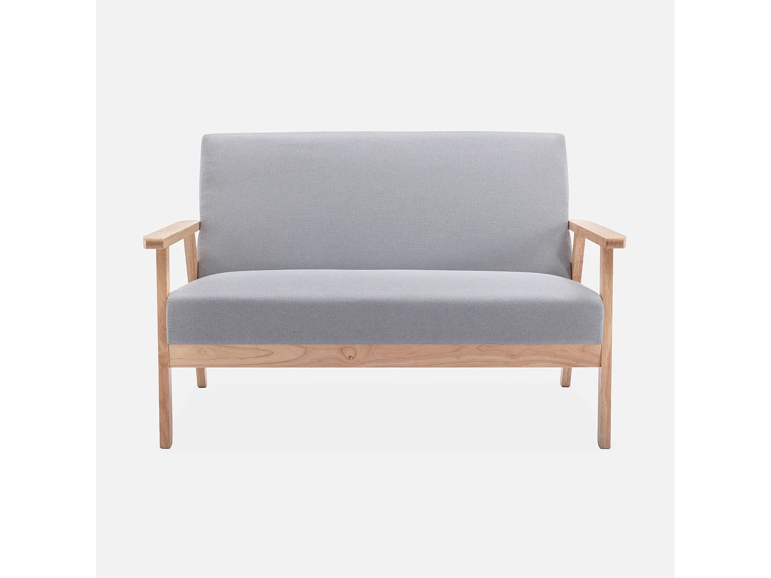 Sofá o banco con tela y patas de madera, 2 plazas gris claro