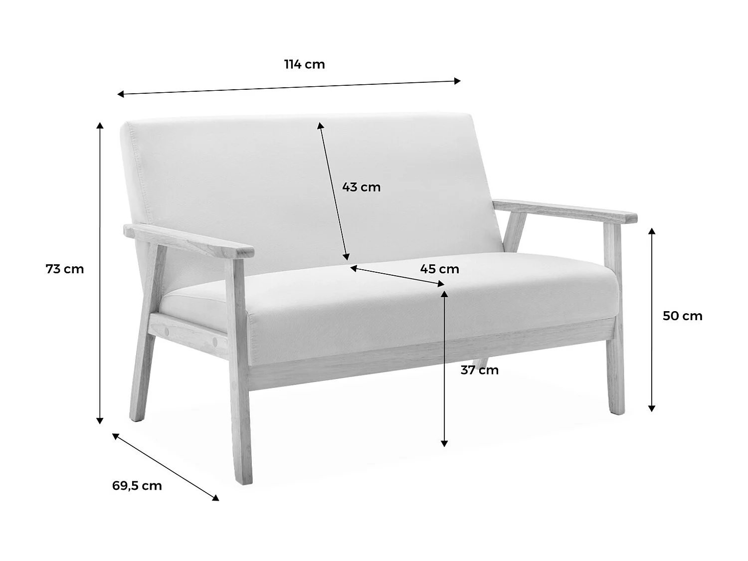 Sofá o banco con tela y patas de madera, 2 plazas gris claro