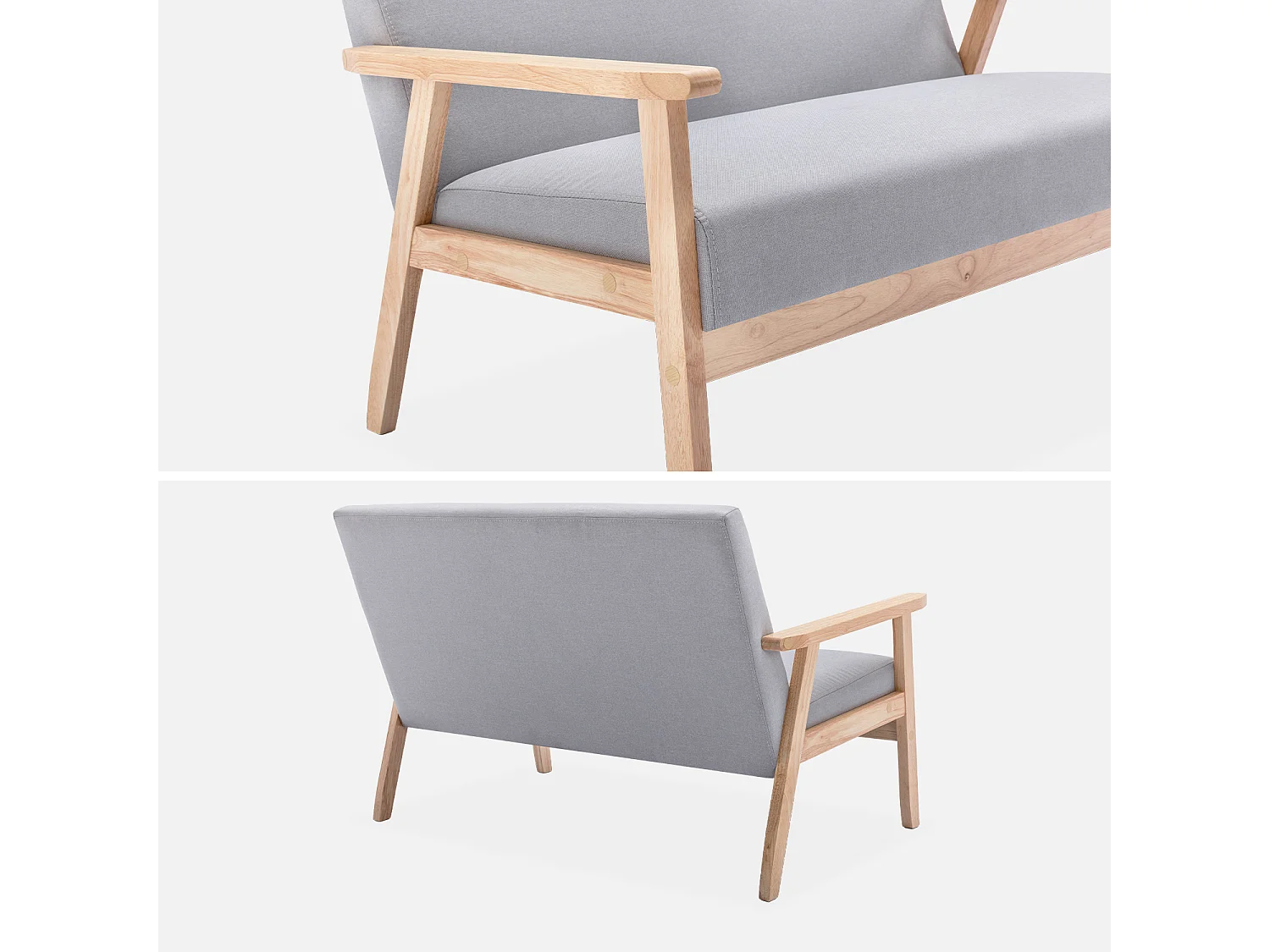 Sofá o banco con tela y patas de madera, 2 plazas gris claro