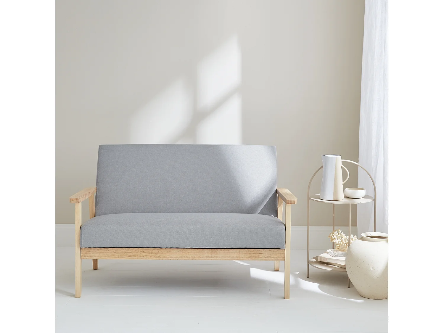 Sofá o banco con tela y patas de madera, 2 plazas gris claro