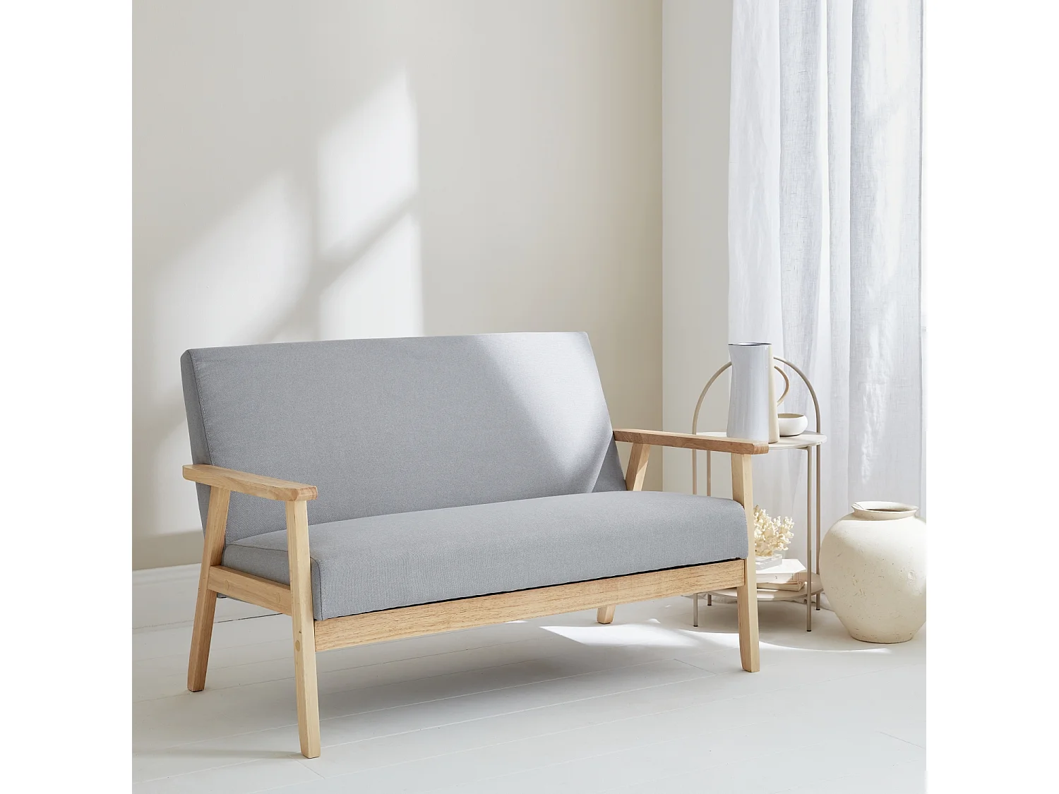 Divano salvaspazio stile scandinavo in legno e tessuto, 2 posti,