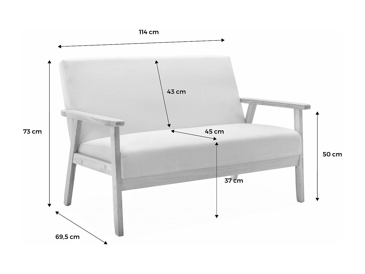 Divano salvaspazio stile scandinavo in legno e tessuto, 2 posti,