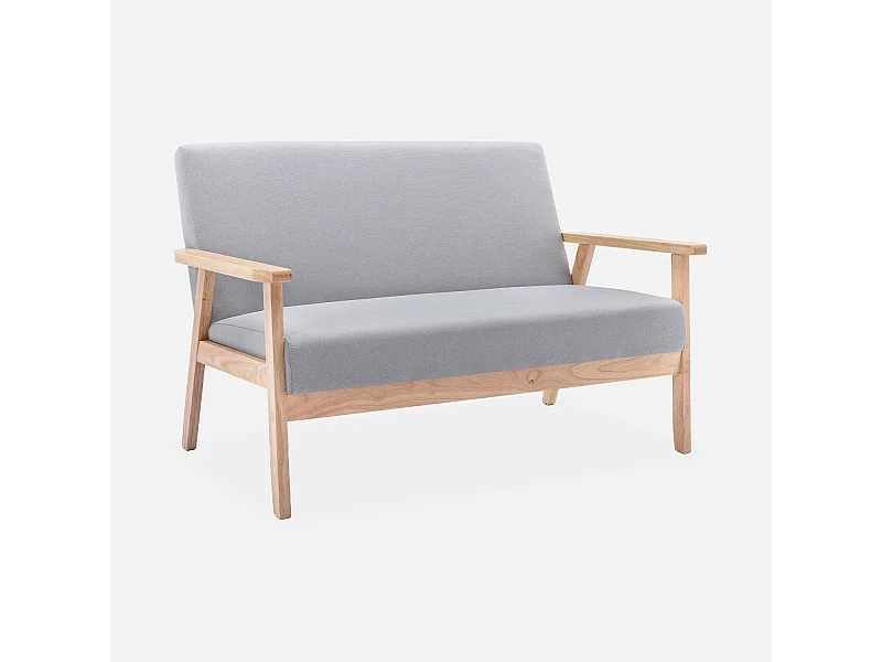 Banquette canapé en bois et tissu gris clair. Isak. L 114 x P 69.5 x H 73cm