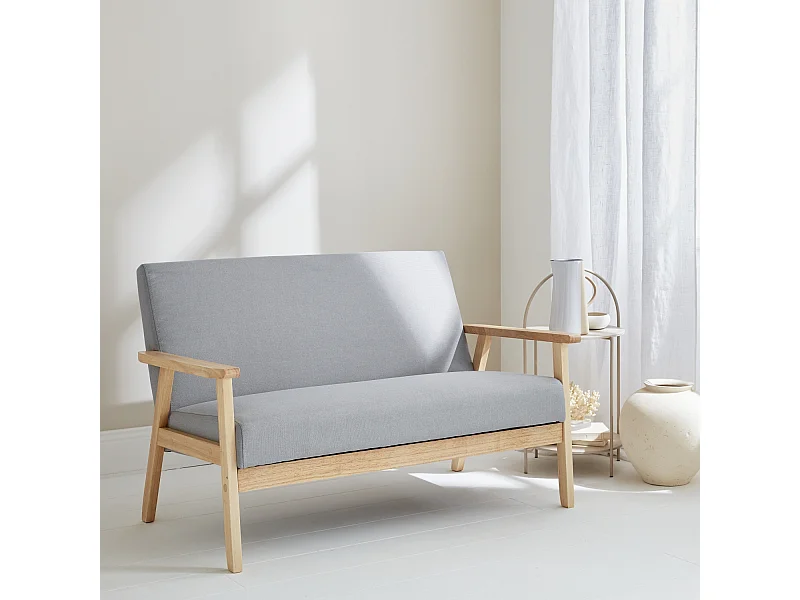 Banquette canapé en bois et tissu gris clair. Isak. L 114 x P 69.5 x H 73cm
