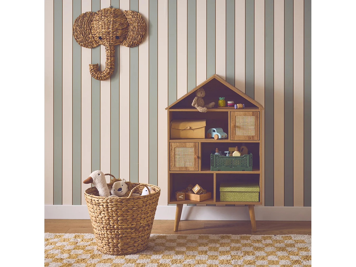 Libreria per bambini effetto legno e canna, 7 scomparti, marrone