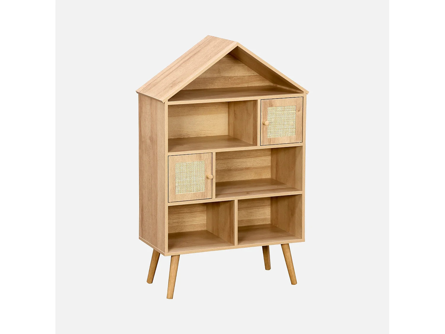 Etagère bibliothèque décor bois. pieds en pin. 7 compartiments et 2 portes en cannage