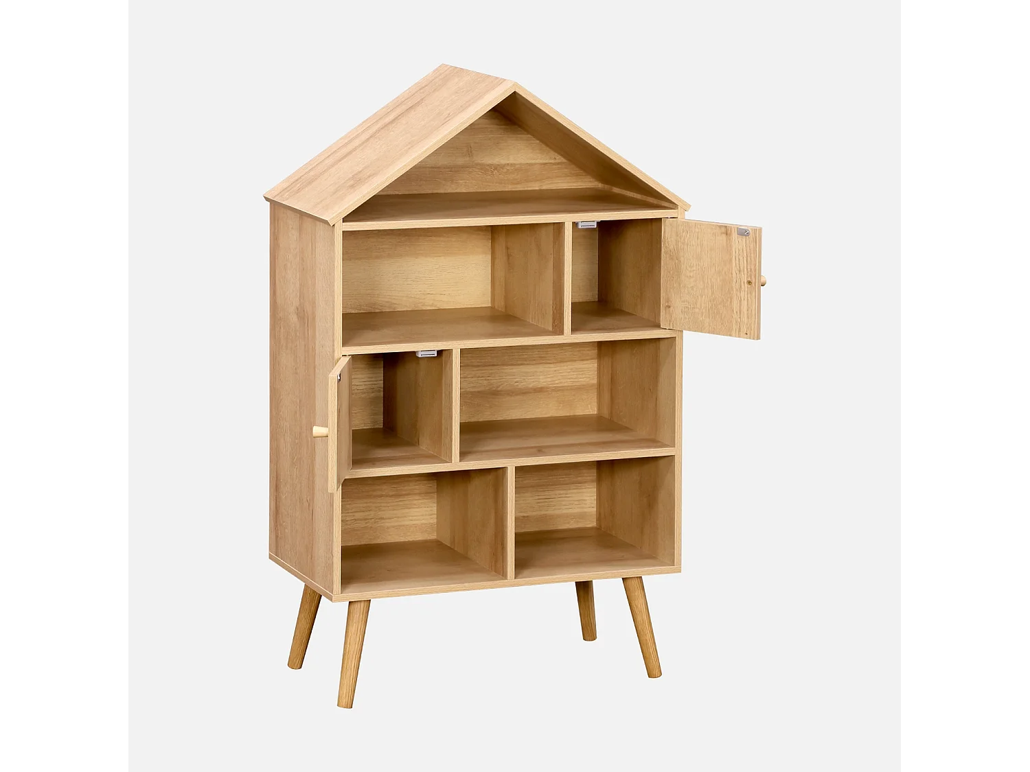 Etagère bibliothèque décor bois. pieds en pin. 7 compartiments et 2 portes en cannage