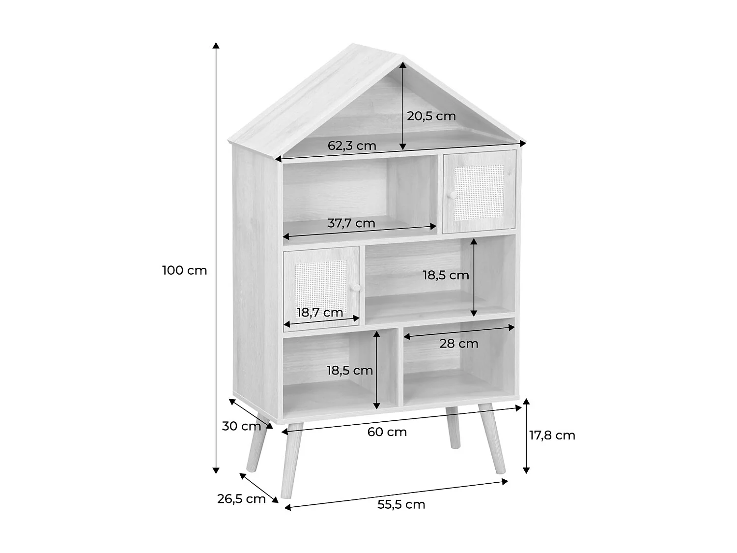 Etagère bibliothèque décor bois. pieds en pin. 7 compartiments et 2 portes en cannage