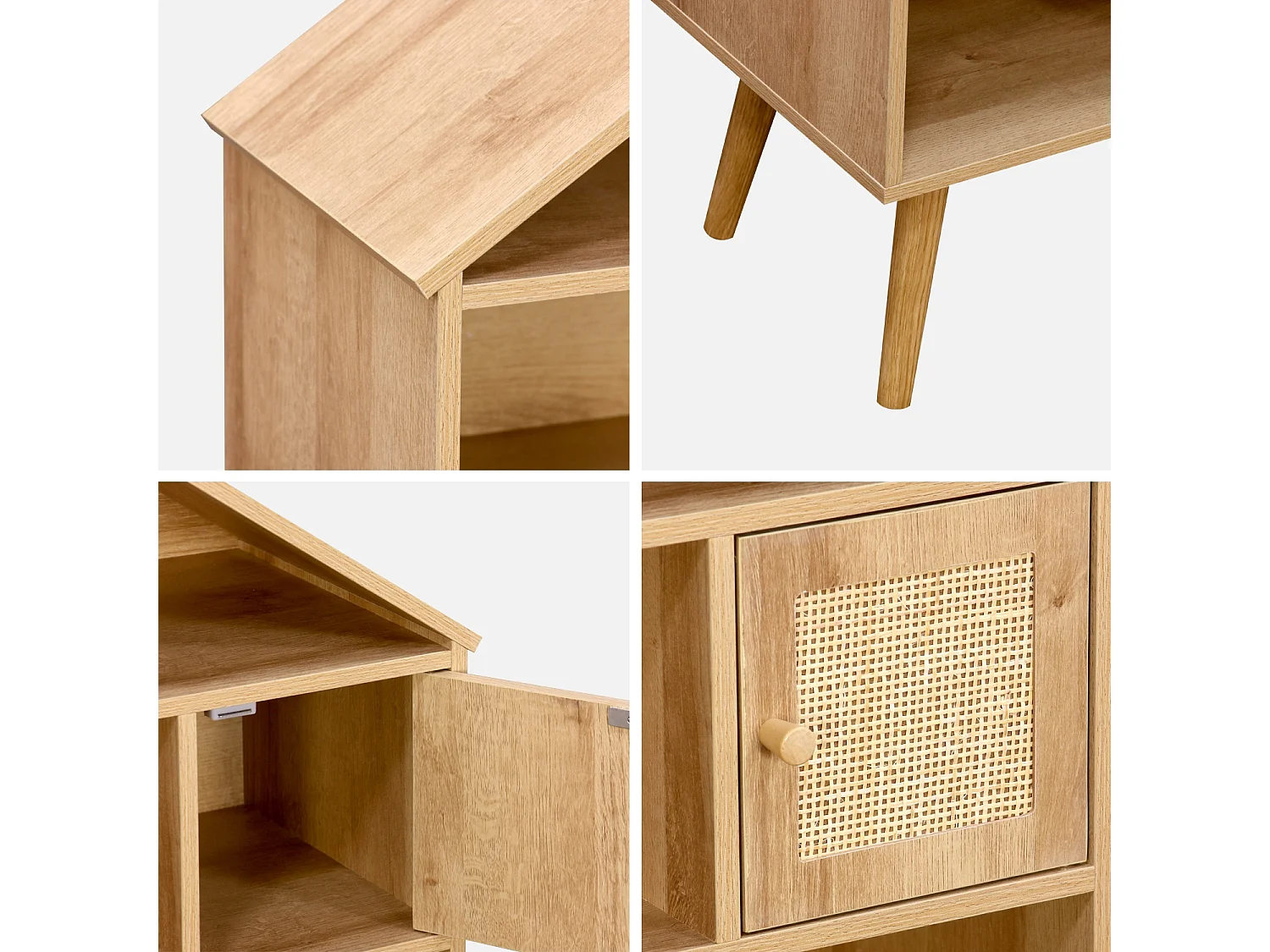 Etagère bibliothèque décor bois. pieds en pin. 7 compartiments et 2 portes en cannage