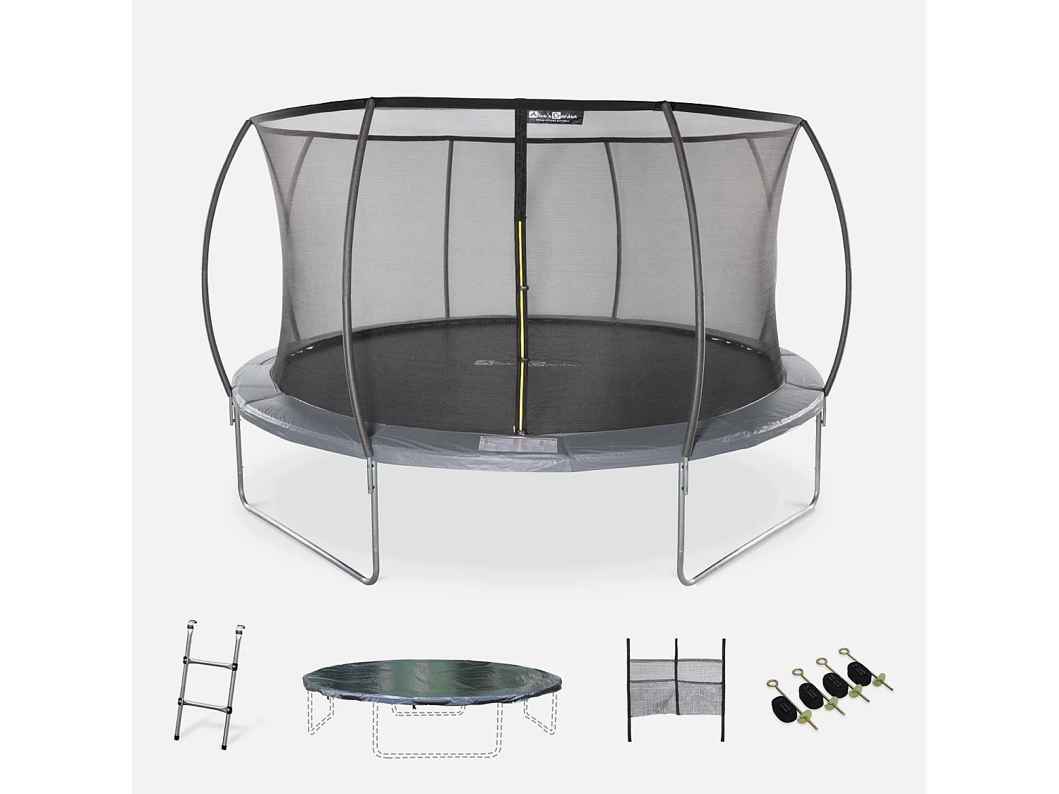 Trampoline rond Ø 430cm gris avec filet de protection intérieur - Venus Inner XXL –  échelle. bâche. filet pour chaussures et kit d'ancrage 4.30m 430 cm