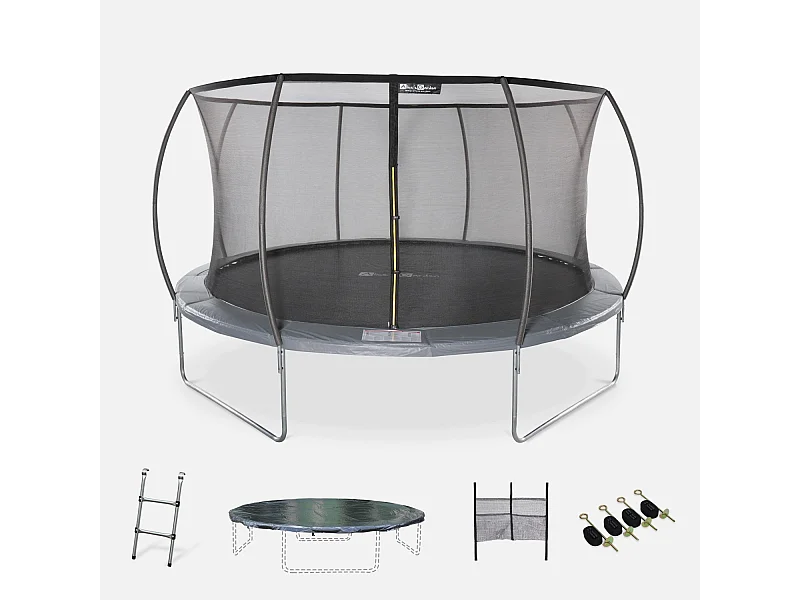 Trampoline rond Ø 430cm gris avec filet de protection intérieur - Venus Inner XXL –  échelle. bâche. filet pour chaussures et kit d'ancrage 4.30m 430 cm