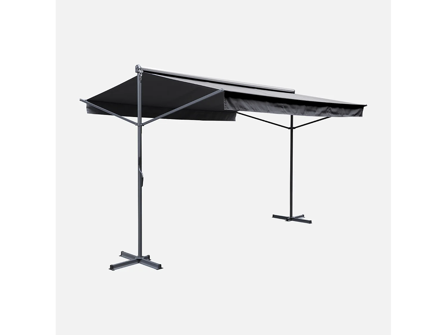 Store double pente - Penne 4x3m Gris - Système manuel à manivelle. auvent sur pieds. store de terrasse largeur 395cm. toile polyester enduite 280g.